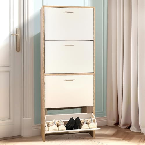 CASABEL, Scarpiera di 24 paia, scaffale ad alta capacità per ingresso o corridoio, 60 x 24 x 150 cm, legno chiaro bianca