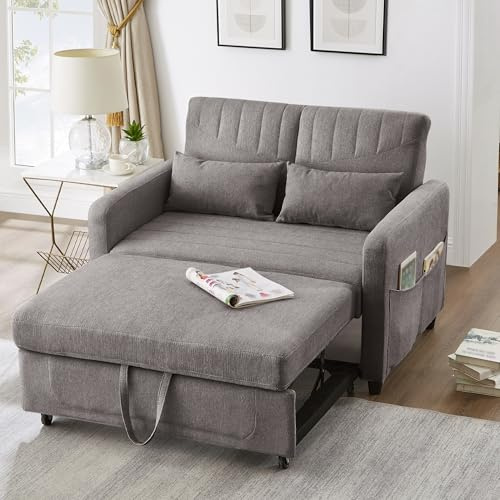 Merax Sofabett mit Schlaffunktion, ausziehbares Zweisitzer Schlafsofa, mit verstellbare Rückenlehne, atmungsaktiver Baumwoll-Leinen-Stoff, inkl. Kissen, für Wohnzimmer & Schlafzimmer, Grau