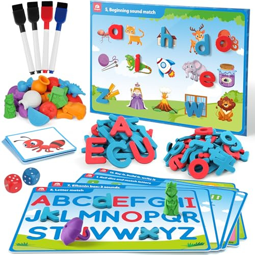 Coogam Preschool Alphabet Learning Playset, Magnetische Buchstaben Matching Spiel, Bildungsabc-Erkennung mit 6 Aktivitätskarten, Phonische Manipulative Autismus Spielzeug für Kinder im Alter von 3+