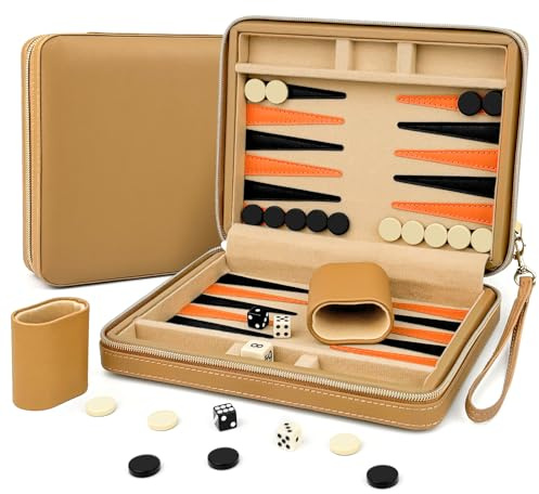 Lohofrnny Backgammon-set för resor, bärbar klassisk Backgammon minilekset, 2 spelare magnetisk strategi brädspel för vuxna barn (beige)