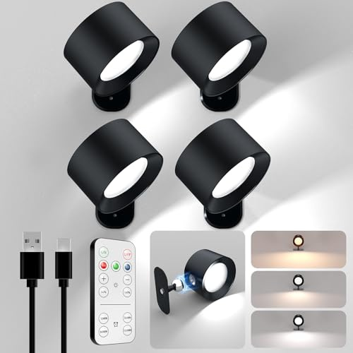 Spriak LED Wall Mounted Lights, Rechargeable Battery Operated Wall Sconces Lamp 3 Colors Temps & Remote and Touch, 360°Rotation Dimmable Wall Lights for Study Bedroom Reading Bedside (4-Pack)