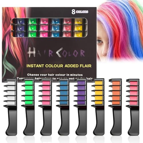 Haarkreide Kamm Set - Temporäre Haarfarbe Geschenke Für Mädchen - Sofortiges Haarfärbemittel, Auswaschbar, Sicher Und Schonend (8 Farben Set, 8 Stück)