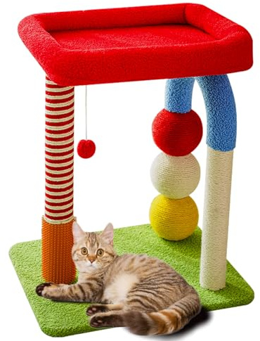 Kleiner U-förmiger Kratzbaum, Sisalseil-Kratzbaum, Spielzeugball, Katzen-Selbstpfleger, Sitzstange für kleine/mittelgroße Katzen, mehrere Katzenhäuser, bunt (61 cm)
