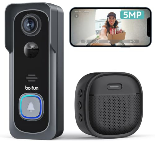 BOIFUN Video-Türklingel mit Kamera 2K＋HD, 166° Weitwinkel, Nachtsicht | Alexa-kompatibel, Nachtsicht, PIR Bewegungserkennung, 2-Wege-Audio, SD- & Cloud-Speicher, mit Chime, 2.4GHz, Schwarz