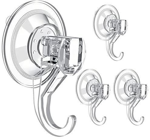 4 Stück Saugnapf Haken, Wiederverwendbar Saughaken Extra Stark, Wasserdicht | Transparenter Haken Saugnapf Wiederverwendbar, Saugnäpfe mit Haken für Fenster, Dusche, Badezimmer, Glas, Küche, Kein Bohren