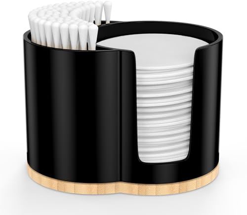 PENGARO Cotton Pad and Swab Holder, Q tip Holder Round Cotton Pad Dispenser Plastic Cotton Swabs Dispenser, Bathroom Accessories Storage Organizer for Cotton Pads Floss Picks, Black