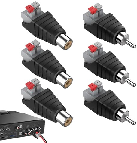TASSFROO 6 Pièces RCA vers Haut-Parleur Adaptateur, Type DC Alimentation Connecteur Adaptateur Mâle Fiche & Femelle Prise Kit Adaptateur Connecteur RCA Prise Presse pour Audio Et Vidéo Subwoofer CCTV