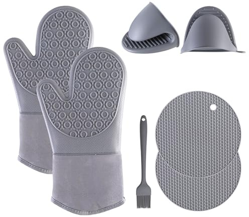 Ofenhandschuhe Topfhandschuhe Silikon 6er Set - Hitzebeständige & rutschfeste Backhandschuhe bis 300°C, Vielseitige Ofen-Handschuhe für Kochen, Backen, Grillen und Küche (Grau)