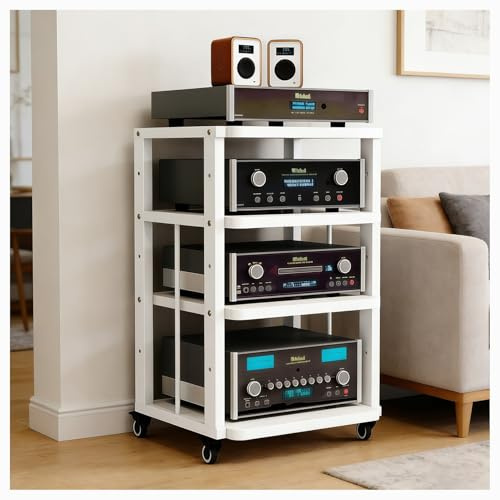 Mobile HiFi 3/4 Livelli con Ruote, Rack Audio in Legno e Metallo, Supporto Multimediale con Ripiani Regolabili, Mobile su Ruote per Plattenspieler, Amplificatore e Stereo, per Soggiorno e Studio