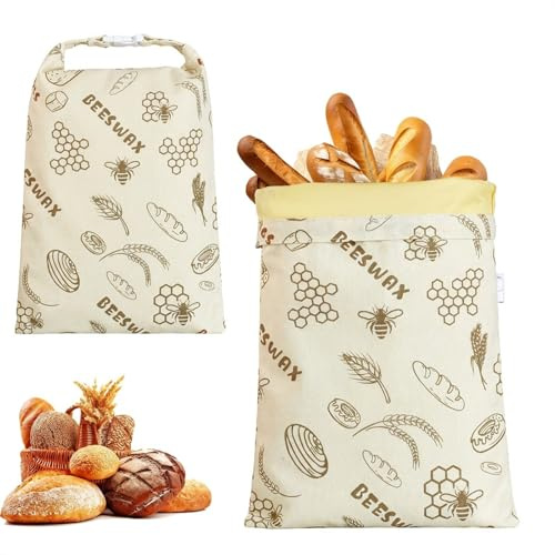 2 Pack Extra Large Beeswax Bread Bags, Wide Zipper Access Cotton, Reusable Beeswax Food Storage Bags with Zipper, Portable Cotton Food Storage Bag for Home Bakers to Keep Fresh (D)
