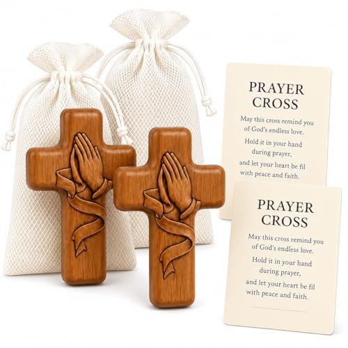 LANQEAOR Pocket Prayer Cross Set, 2 Pcs 6cm Acrylic Holding Crosses with Prayer Card and Mesh Bag, Christian Faith Keepsake for Daily Carry