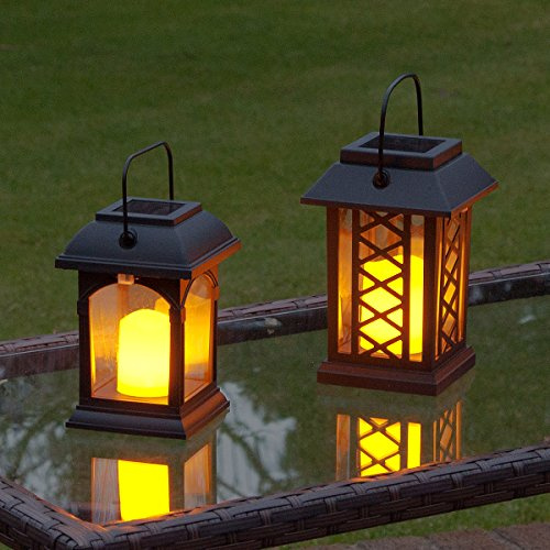 Festive Lights 2-er Set: Schwarze Solar Laternen mit LED Kerzen und täuschend echt wirkenden Flacker-Effekt