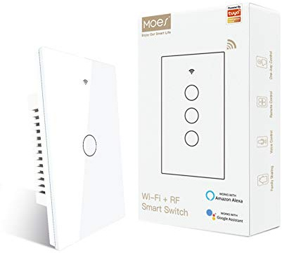MOES 2.4GHz WiFi Wall Touch Smart Switch Neutral Wire Required, 3 Way Multi-Control, Glass Panel Light Switch Work with Smart Life/Tuya App, RF433 Remote Control, Alexa and Google Home White 1 Gang