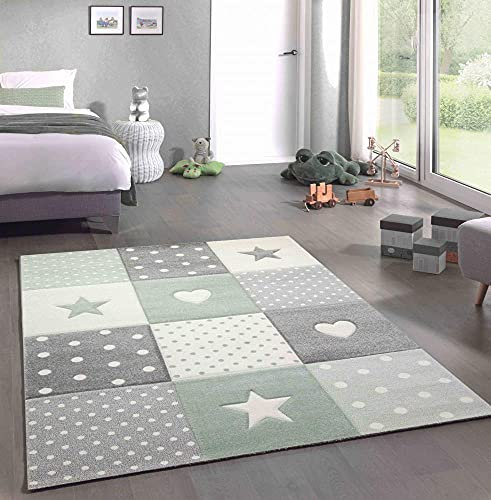 CARPETIA Kinderteppich Kinderzimmer Spiel Teppich Punkte Herz Stern Design grün grau Creme Größe 120x170 cm