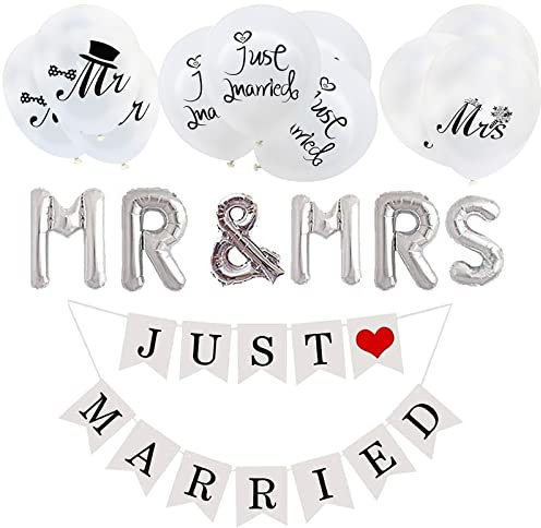 Karjiaja Just Married Garland Banners Just Married Wedding Bunting Banners Wedding Decorations Banners Photo Booth Props With 10 PCS White Latex Balloons Aluminum Foil Mr&Mrs Balloons For Wedding