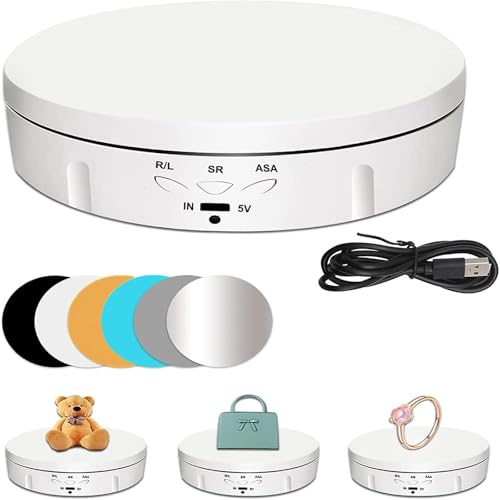 MQFORU Motorized Rotating Display Stand, 360 Degree Turntable Display Stand for Photography Products Shows, Toys, Jewelry, Craft fairs, Battery/USB Power Supply 5.74inch /22LB(10kg) Load (White)