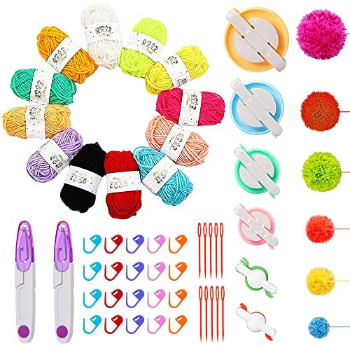 Allazone 57 Stück Pompom Maker, Fluff Ball Weaver Nadel Pompom Maker Sets mit Pompom Maker, 12 Farben Garn, DIY Fluff Balls Knitting Craft Making Kit mit Nähschere für Kinder und Erwachsene