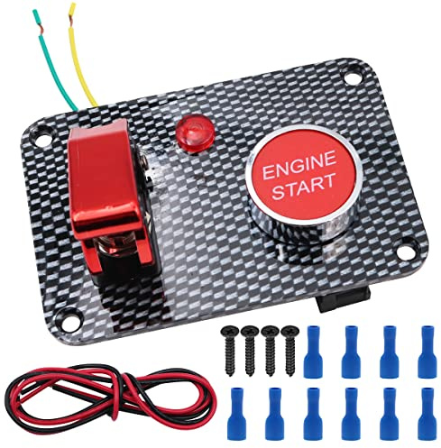 Tiardey Fibra de carbono Coche de carreras 12V Interruptor de encendido Panel Botón de arranque del motor Botón LED rojo Alternar - Rojo