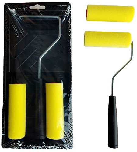 DERPOL - Mini rullo per pittura professionale con vassoio antigoccia, manico in alluminio e due rulli di ricambio in spugna (Moltopren) - per interni ed esterni, legno, muratura, ferro.