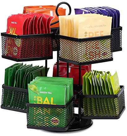 Yiomxhi Scatola da tè con 8 Scomparti, Scatola Porta Bustine tè e Tisane Rotante a 360°, Contenitore per tè Lazy Susan a 2 Livelli per Organizer da Bancone da Cucina, Nero
