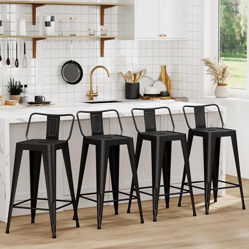 WENTMENT Metal Bar Stools Set of 4 Counter Height Black Barstools with Removable Back 24 Kitchen Bar Stools
