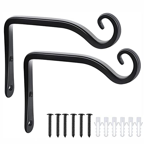 POTWPOT Heavy Duty Hanging Basket Brackets, 15.5 cm (6.1 Inch) | 2 Pack Black Metal Hooks for Flower Basket Plants Bird Feeder Wind Chimes, Outdoor & Indoor