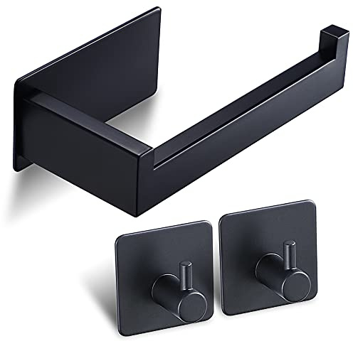 Toilettenpapierhalter ohne Bohren, Schwarz mit 2 Handtuchhaken Edelstahl | SUS304 Gebürsteter Edelstahl, Bohrfrei mit Klebeband, Ablösbar ohne Wandspuren, für Glatte Oberflächen, 24h Aushärten Lassen