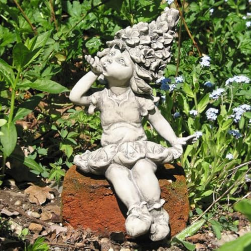 Generisch Blumenkind Blütenkind Rittersporn Kantenhocker Kantensitzer aus witterungsbeständigem Resin - seidenmatt grau - Zauberblume - Gartenfigur - Blumenkinder