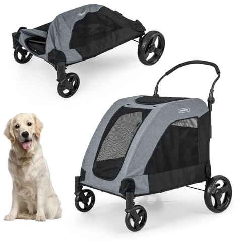 GOPLUS Carrito Plegable para Perros con 4 Ruedas, con Bolsa de Almacenamiento, Ventanas de Malla y Asa Ajustable, para Perros Medianos y Grandes, Carga 60 kg, 67 x 98 x 88 cm