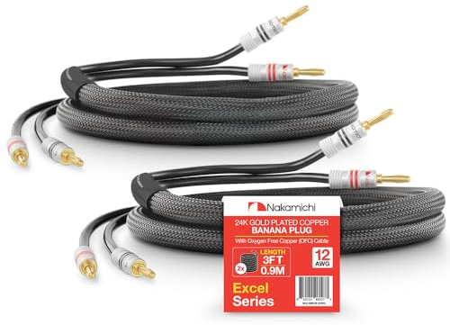 Nakamichi 24K vergoldeter Bananenstecker mit Lautsprecherkabel, 99,9% sauerstofffreies Kupfer (OFC), robustes geflochtenes Kabel, CL2-zertifiziert - Schwarz (12AWG / 3 Fuß / 0,9 Meter) 2er-Pack