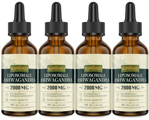2000 mg Gouttes d'Ashwagandha Liposomales, 7% de Withanolides, Extrait pur de racine d'Ashwagandha Haute Résistance, Concentration 5X, Absorption Plus Rapide Que Les Gélules, 60 ml (Lot de 4)