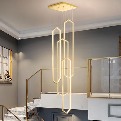 Moderna Lampada A Sospensione LED Geometria Scale Lampadario Da Soggiorno Dimmerabile Luci Pendenti Camera Da Letto Sala Pranzo Alberghi Lampada Altezza Regolabile Plafoniera(Gold,4 Lights-20x100cm)