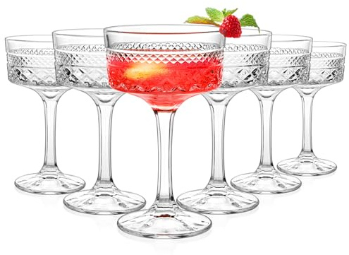 6 Pcs Ribbed Coupe Glasses, 10 oz Vintage Cocktail Coupe Glasses Set, Unique Martini Glass, Classic Galssware, Bar Drinking Glasses Set Pefect for Cocktail, Wine, Champagne & Gift