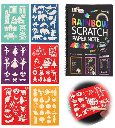 VONJUMA 1 Pc Magic Scratch Book Mit 10 Seiten Fantastischen Kratzmotiven Kratzbilder Büchlein Mit Buntem Farbverlauf Und Kratzstift Mit 6 Pcs Zeichnungsvorlagen
