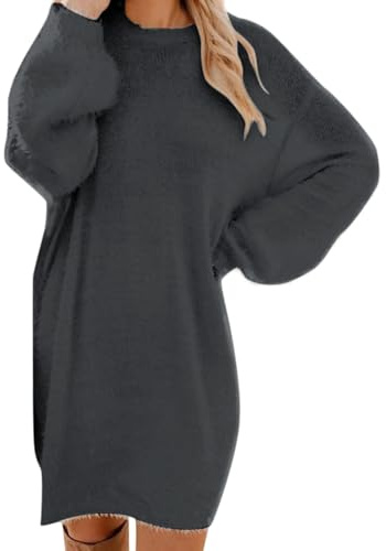 Robe Pull Femme Chic Chaud Pas Cher Couleur Unie Ample Mode Mini Robe en Laine Femme Hiver Col Rond Manche Longue Leger Chic et Elegant Idee Cadeau Femme,Gris,L,F26R