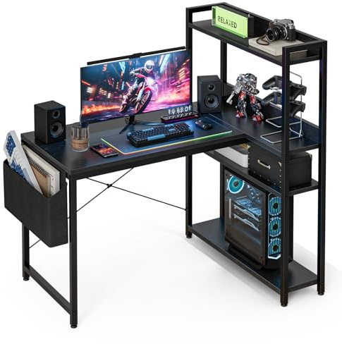 Grandder 120x80 cm L Shaped Gaming Desk with Reversible Storage Shelves, Computer Desk Home Office Corner Study Writing Table with Hutch, Study, Black