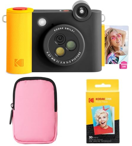 KODAK Smile+ - Paquete de iniciación de cámara instantánea Digital e Impresora fotográfica 2 en 1, Funda Suave + Papel Zink, 10 MP, Lente giratoria, Color Negro