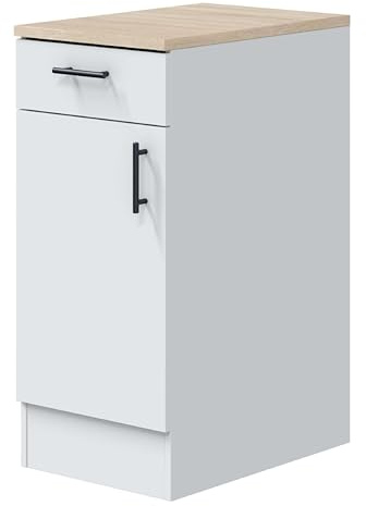 Bricohabitat Módulo Inferior Cocina Estrecho Moderno Kira 1 Puerta 1 Cajón Blanco Brillo y Roble Canadian 40x90x60 cm