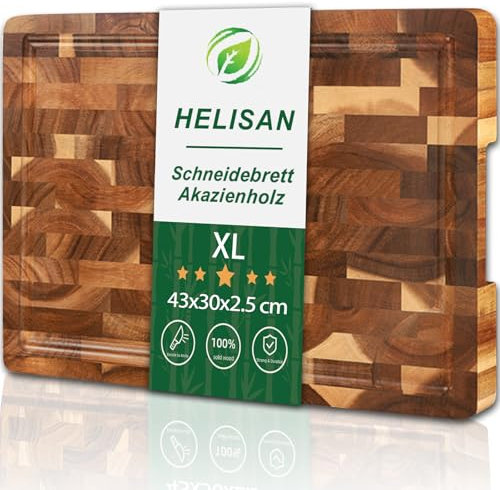 HELISAN Schneidebrett Holz Gross (43x30x2.5cm) - XL Akazienholz Schneidebrett Stirnholz - Küchenbrett Holzschneidebrett mit Rutschfesten Füßen - Natürliches Massivholz Holzbrett Küche Groß