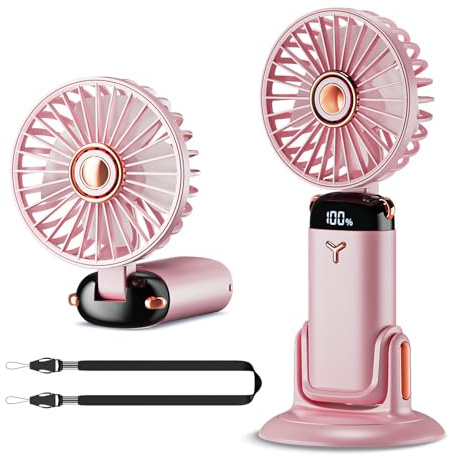 Handheld Fan Portable,Up to 13 Hrs 20DB Quiet Mini USB Rechargeable Hand Held Fans with Lanyard and Base, Battery Operated Electric Foldable Small Desk Fan with 5 Speed for Home Office Travel (Pink)