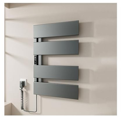 WRJAHCG Aluminum Wide panel Bath Towel Heater with Timer,Wall Mounted Towel Warmers for Bathroom,Plug-In Heated Towel Racks for Bathroom,Gray 04rods,Left Plug in
