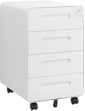 HOMSTEEL Rollcontainer, Mobiler Aktenschrank mit Schloss, Abgerundeten Ecken, 4 Schlüssel, 4 Schubladen, Büroschrank aus Metall, Bereits Vormontiert, für Büro, Heimbüro, 46T x 40B x 64H cm, Weiß