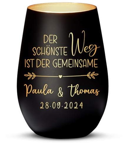 Love Faith personalisiertes Windlicht - Gemeinsamer Weg - schwarz/Gold | Mattiertes Teelichtglas mit Namensgravur - Stimmungsvolles Geschenk zur Hochzeit & zum Jahrestag für Brautpaare
