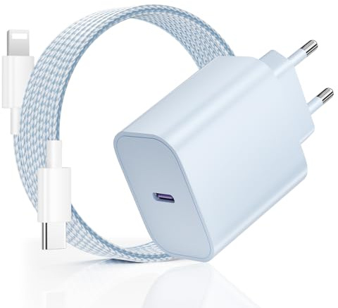 20W Cargador para iPhone Carga Rapida, USB C Cargador para iPhone 14 13, PD3.0 Enchufe con 2M Cable Lighting para Phone 14 Plus/14 Pro/14 Pro Max/13 12 11 SE XS MAX XR, para Pad - Azul