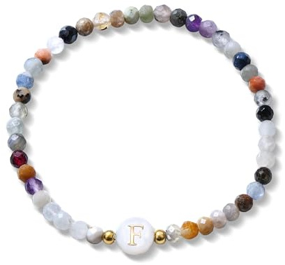 BodyBonita Pulsera Elástica con Inicial de Piedra Natural y Cuentas de Nácar Sintético con Letras de la F para Hombre y Mujer