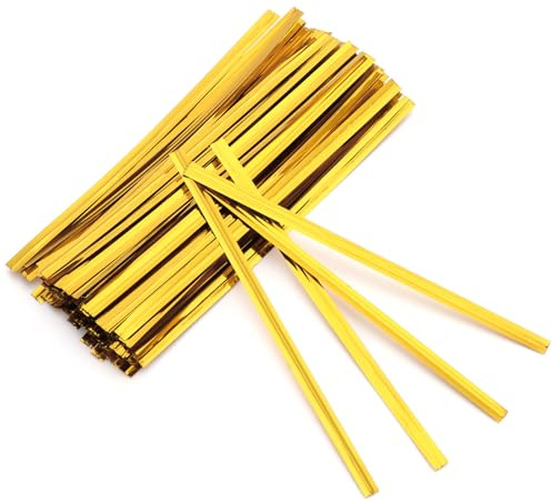 Nynkyon 100 Pcs Gold Twist Ties, 4 Inches Metallic Reusable Cable Ties for Candy Bags, Bread Bags, Sweet Cones, Cake Pops, Party Supplies, Snacks, Coffee Bags, Gift Wrapping & Crafts (Gold)