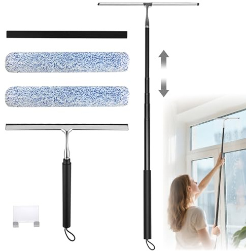 Shower Squeegee with Long Handle – Extendable from 13 to 48, Includes 2 Towel Sleeves, Replacement Silicone Blade & Wall Hook, 14-Inch Wide Blade for Glass, Mirrors, Windows & Tile Walls (Black)