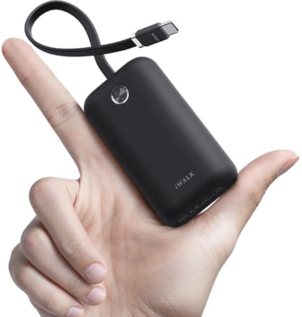 iWALK Mini Tragbares Ladegerät 10000 mAh, 22,5W USB-C Powerbank mit integriertem Kabel, Ultra-kompakter Reisebegleiter für iPhone 17/16/15 17 Pro Max, Samsung und Google Geräte, Schwarz