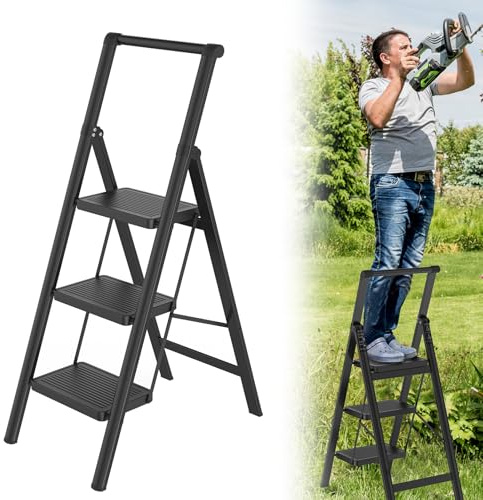 LILIIN Escabeau pliable antidérapant en fer - Échelle pliante - Multifonction - Pour la maison et la cuisine - Charge maximale : 250 kg - 3 marches - Avec main courante