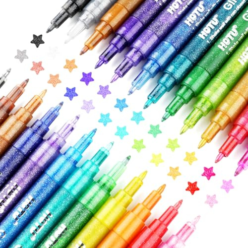 HOTU 24 Glitzer Filzstifte Zeichenset, Glitzer Glitzerstifte 0.7mm - Wasserbasis Acryl Stifte für Erwachsener Basteln von Steinen, Keramik, Glas, Holz, Stoff, DIY Projekte Ect